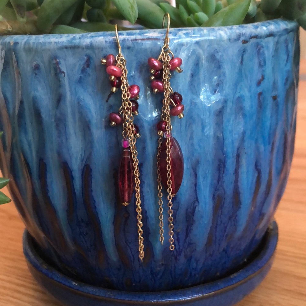 Long gold and pink dangly fashion earrings